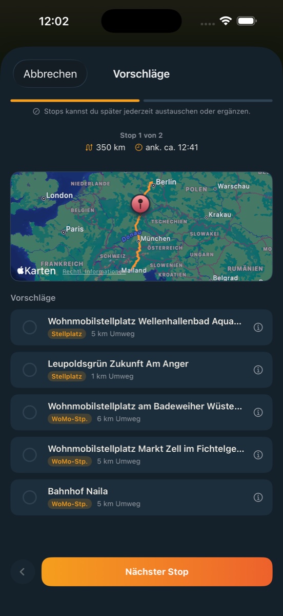 RoadChapter auto planner – route split into daily legs